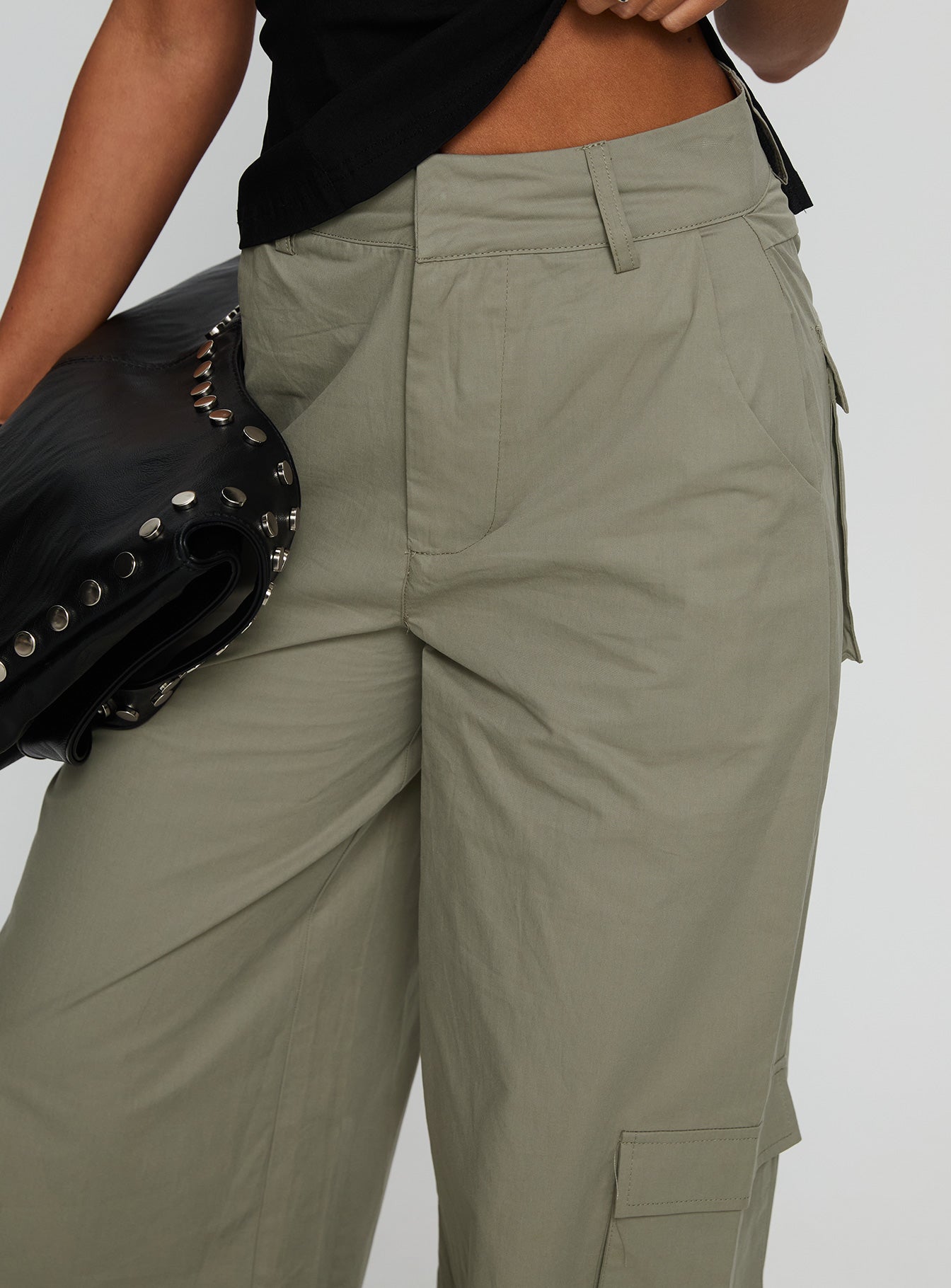 front view of model wearing Princess Polly Companions Cargo Slack Pant Khaki High Waisted Pants 