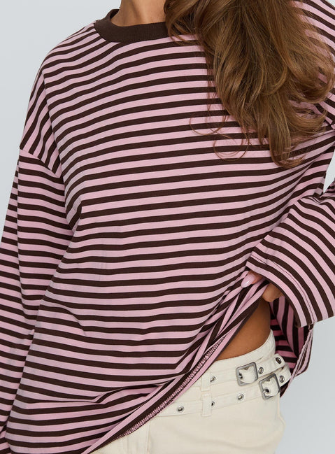 Settle Down Long Sleeve Top Pink / Brown Stripe