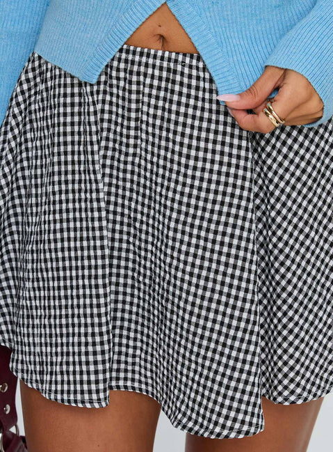 back view of model wearing Princess Polly Sohogirl Flowy Mini Skirt Black / White Gingham Mini Skirts 