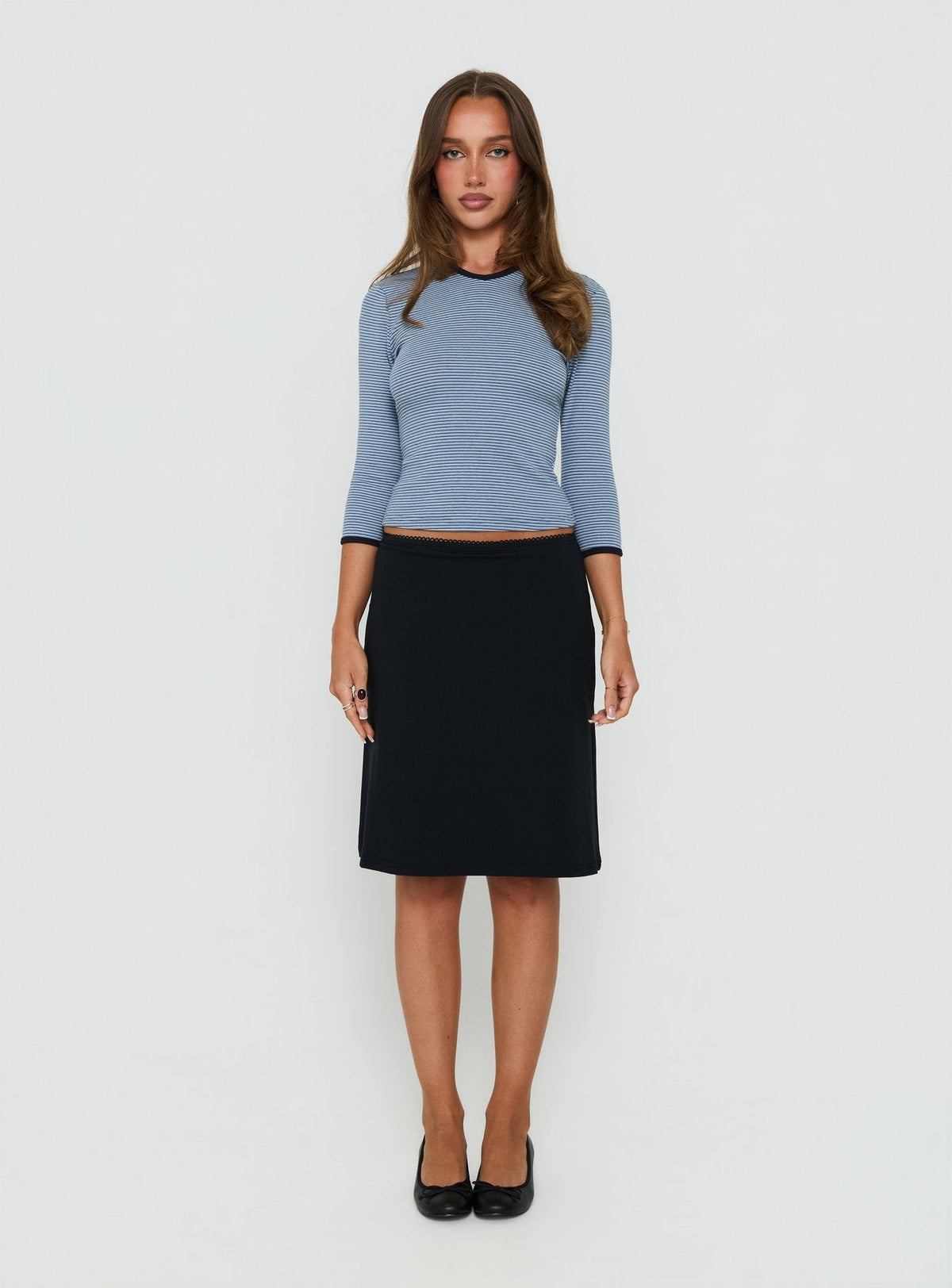 Charlaya V Neck 3/4 Sleeve Top Blue Stripe