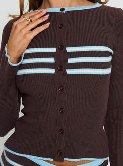 back view of model wearing Princess Polly Beverlea Button Down Knit Cardigan Brown / Blue Stripe 