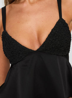 back view of model wearing Princess Polly Long Way Down Cami Top Black Sleeveless Plunger 