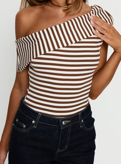 Demetria Off Shoulder Bodysuit Brown Stripe