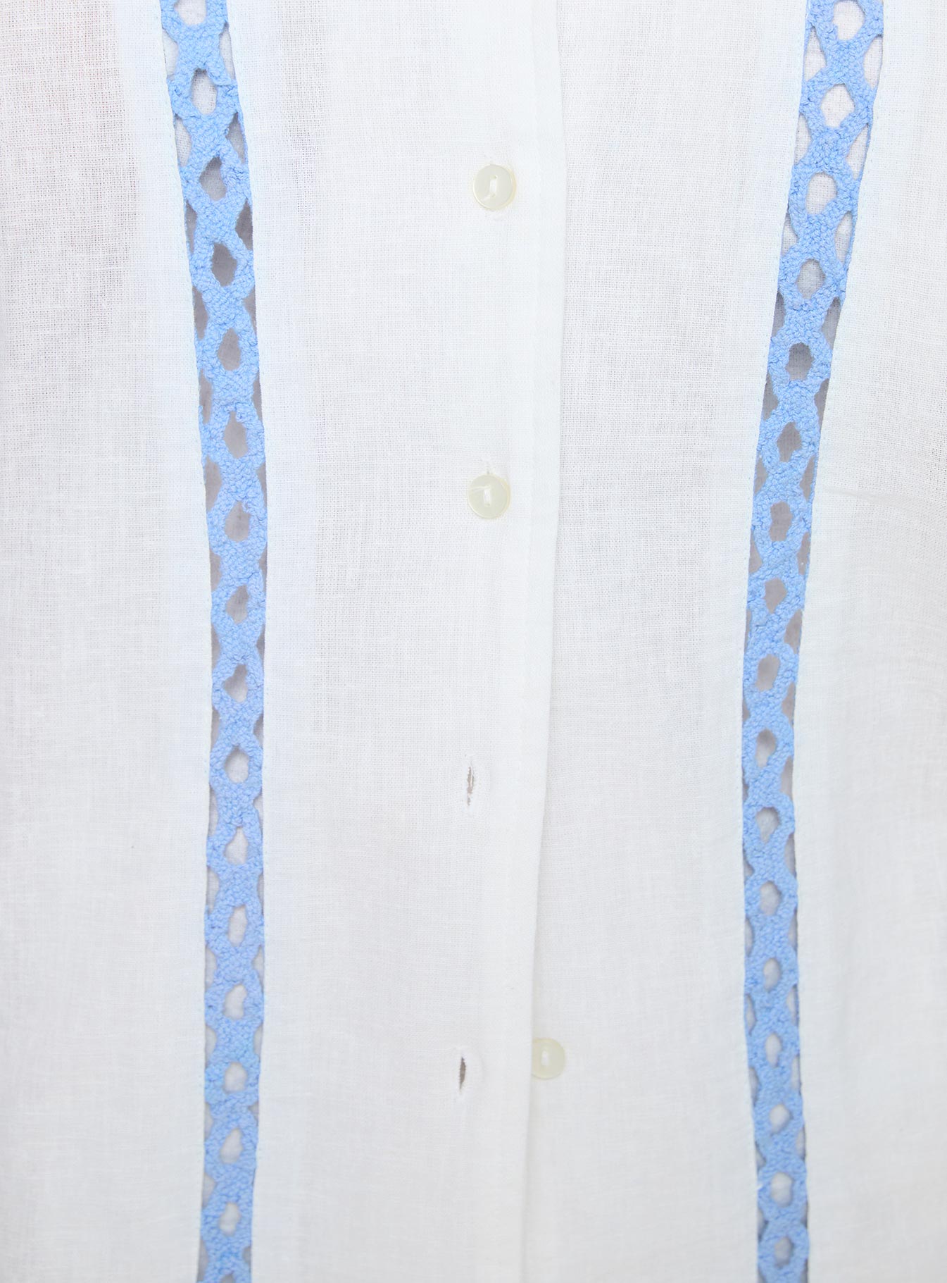 White and blue Short sleeve shirt Classic collar, button fastening at front, crochet detail