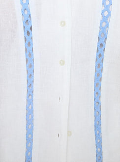 White and blue Short sleeve shirt Classic collar, button fastening at front, crochet detail