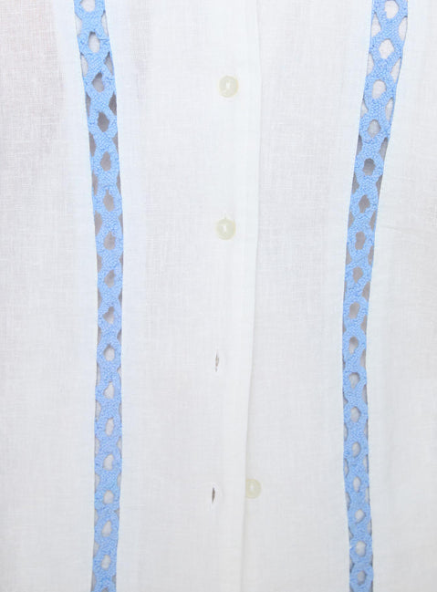 White and blue Short sleeve shirt Classic collar, button fastening at front, crochet detail
