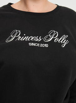 back view of model wearing Princess Polly Princess Polly Crew Neck Sweatshirt Cursive Text Black Sand Curve 