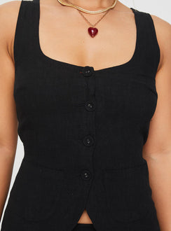 front view of model wearing Princess Polly Spirito Vest Top Black Sleeveless Scoop Neck 
