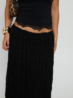back view of model wearing Princess Polly Estefania Maxi Skirt Black Maxi Skirts Skirts 