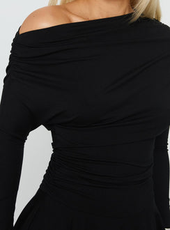 Keilana One Shoulder Long Sleeve Mini Dress Black