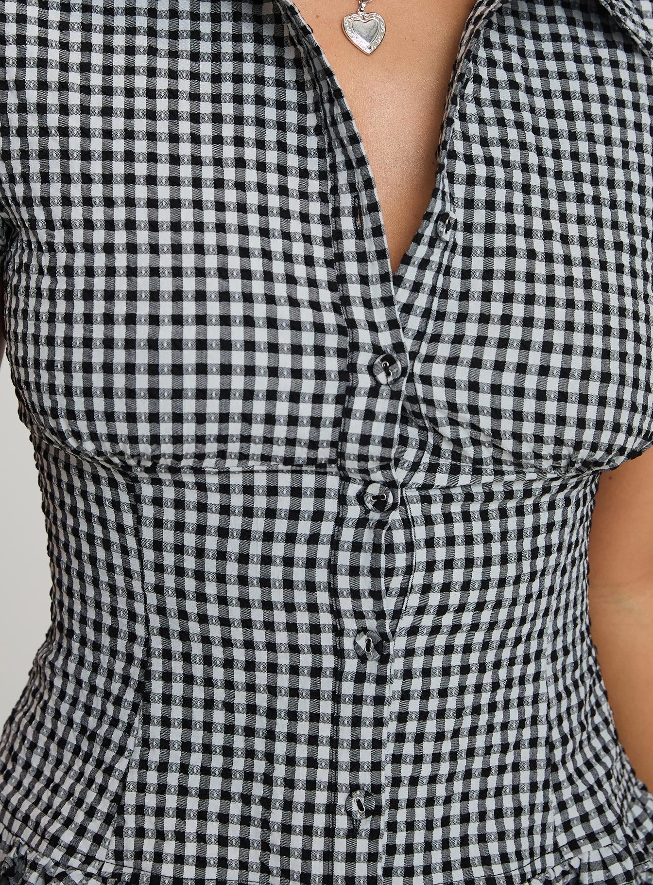 back view of model wearing Princess Polly Covey Shirred Puff Sleeve Top Multi Short Sleeves High Neck 