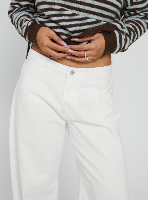 front view of model wearing Princess Polly Kaio Mid Rise Barrel Leg Denim Jeans White Mid Rise Jeans 