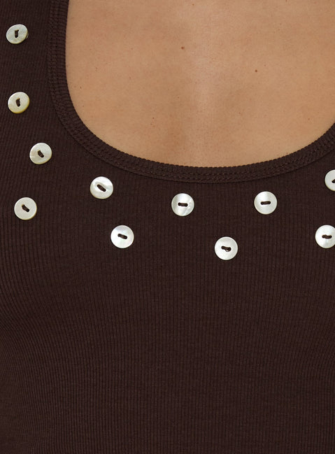 Renara Halter Ribbed Button Top Brown