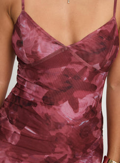 back view of model wearing Princess Polly Hathaway Maxi Dress Burgundy Floral V-Neck 