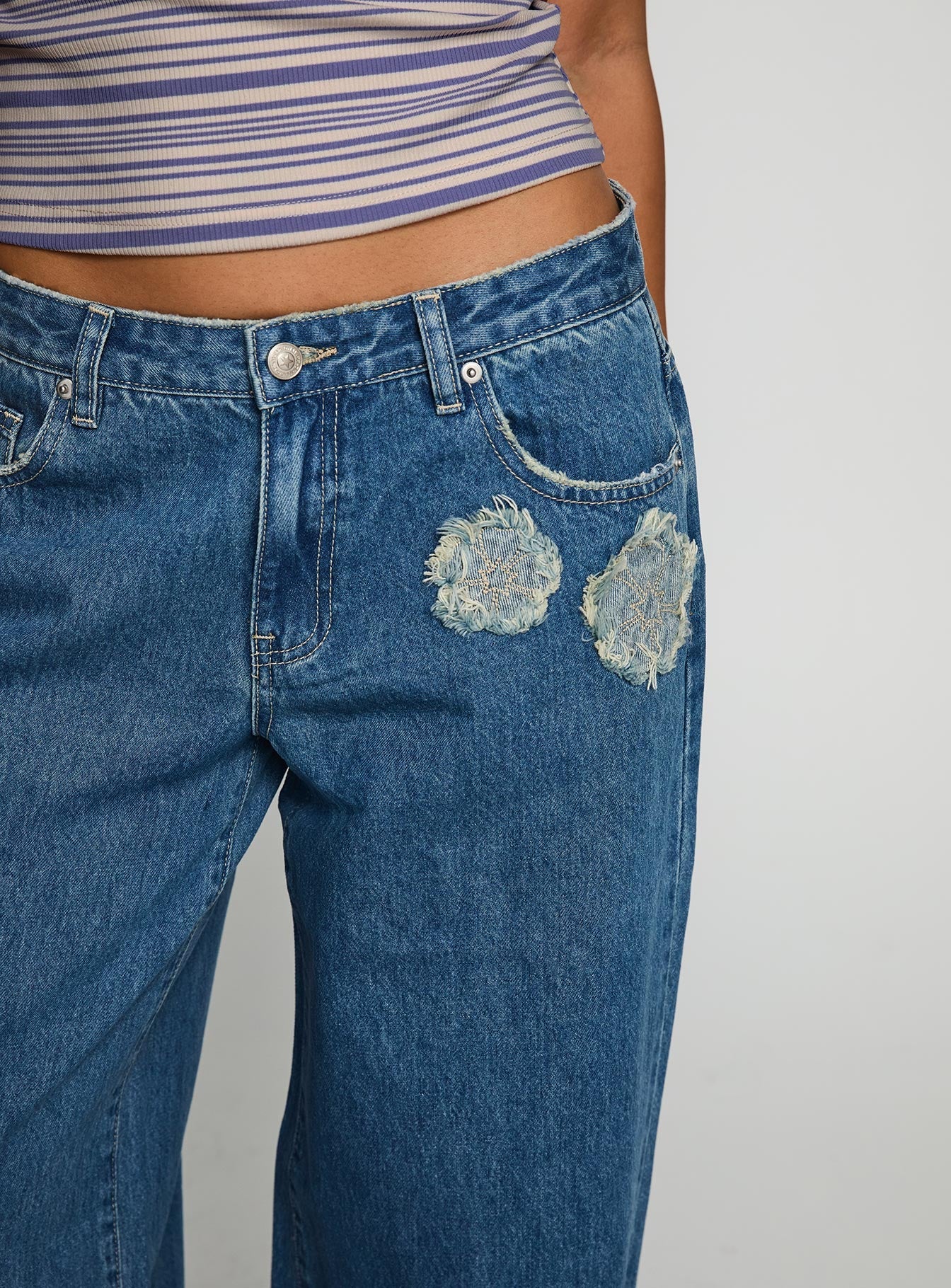 product Princess Polly A Keeper Flower Patch Jeans Mid Blue Low Rise Jeans 