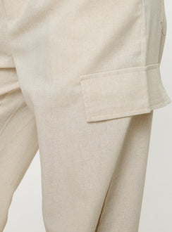 Beige Cargo pants Linen material look, relaxed fit, elasticated waistband, six pocket design