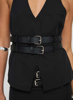 back view of model wearing Princess Polly Ethereal Buckle Top Onyx Sleeveless V-Neck 