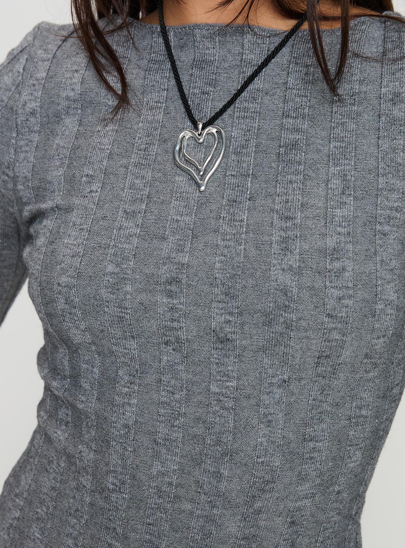 back view of model wearing Princess Polly Rich Girl Mini Dress Grey Marle Boat Neck 