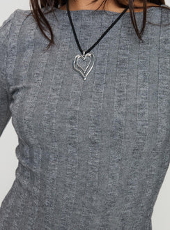 back view of model wearing Princess Polly Rich Girl Mini Dress Grey Marle Boat Neck 