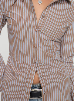 back view of model wearing Princess Polly Run The World Top Brown Stripe Full Sleeves High Neck 