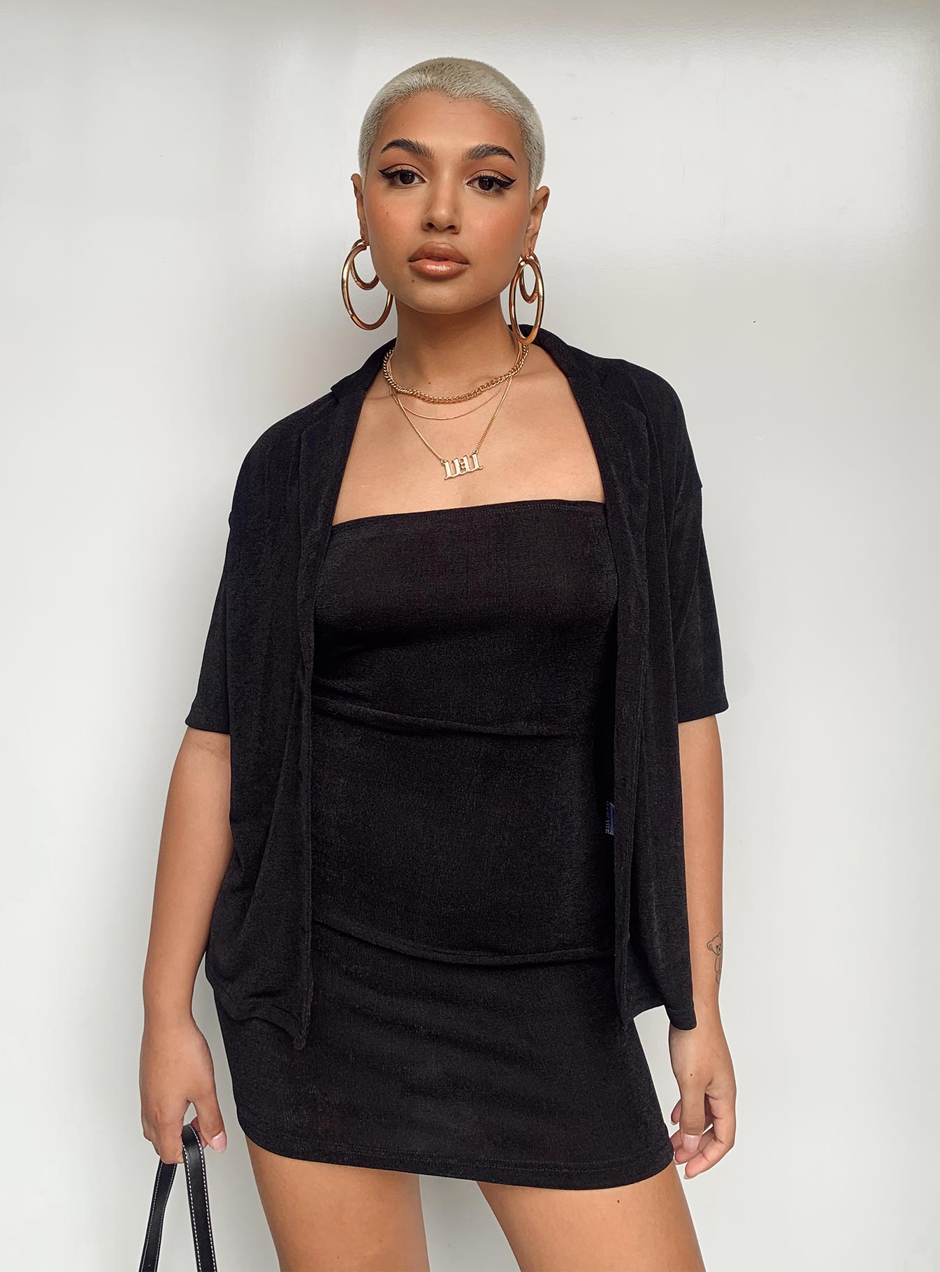 Matching set Soft knit material  Button up shirt Strapless mini dress