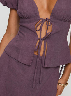 back view of model wearing Princess Polly Wilhelmina Blouse Top Mauve Short Sleeves Plunger 