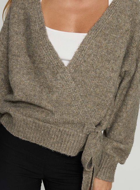 back view of model wearing Princess Polly Daelan Wrap Knit Cardigan Brown regular 