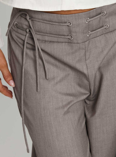 back view of model wearing Princess Polly Just Have Fun Wide Leg Pant Grey Petite High Waisted Pants 