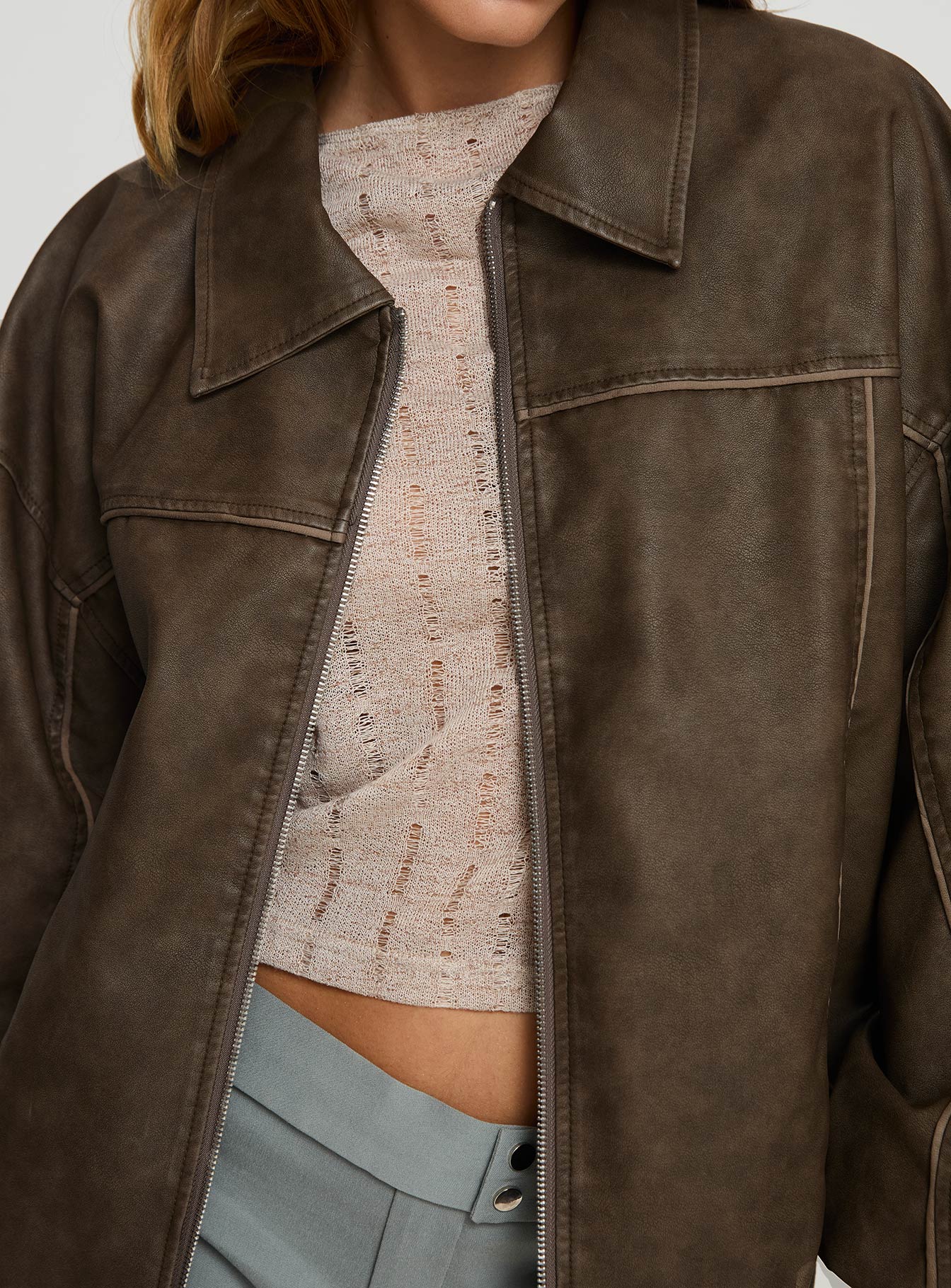 Goldsmith Faux Leather Bomber Jacket Washed Brown Petite