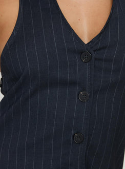 Vest top Pinstripe print, v neckline, halter style, button fastening, split hem Non-stretch material, unlined 