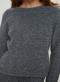 back view of model wearing Princess Polly Abrams Rib Knit Crew Sweater Charcoal Marle 