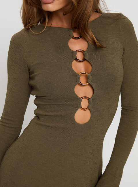 back view of model wearing Princess Polly Dejonge Ring Mini Dress Olive Crew Neck 