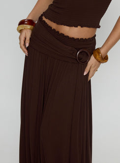 back view of model wearing Princess Polly Full Orbit Shirred Maxi Skirt Chocolate Brown Maxi Skirts 