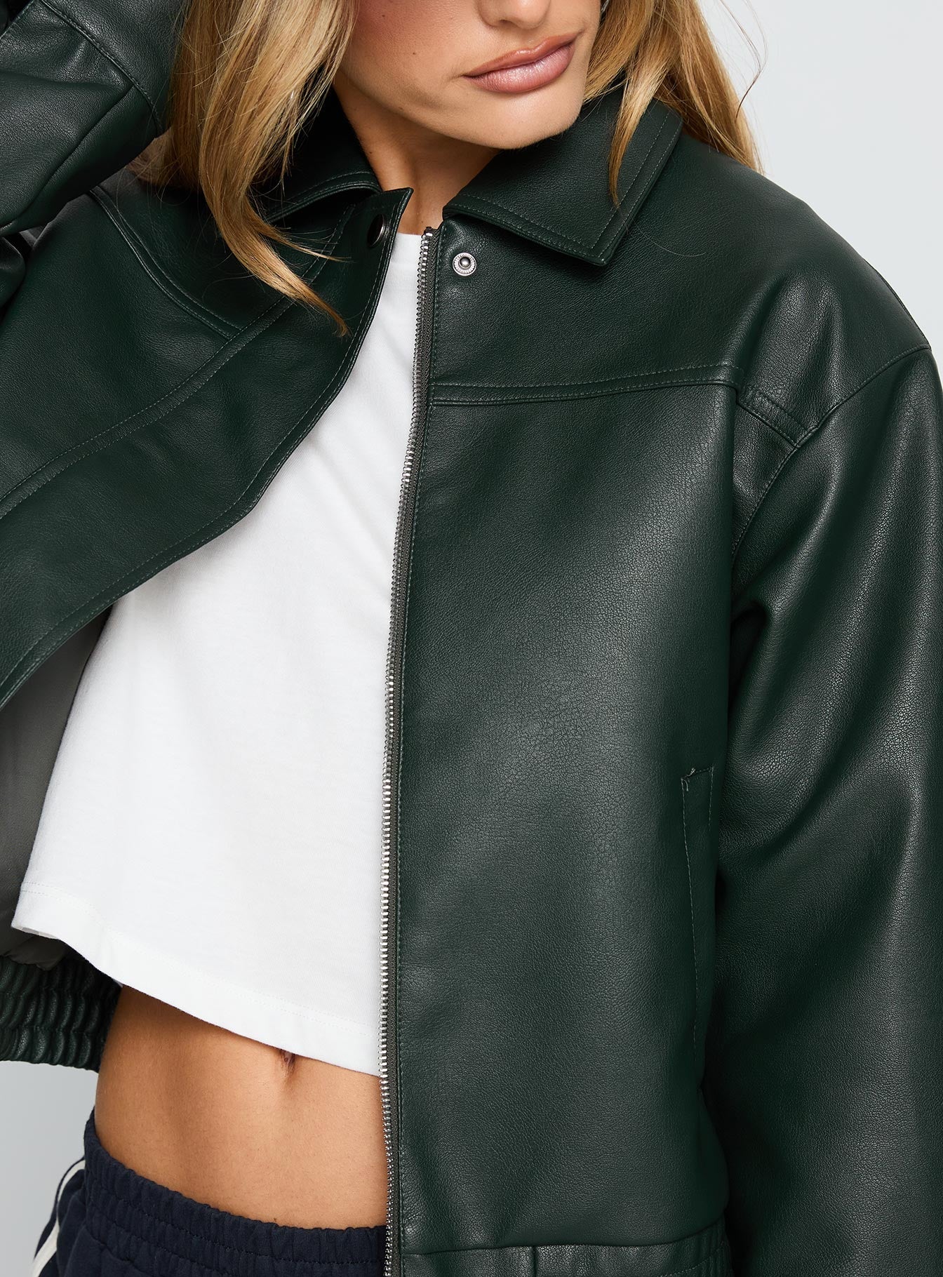 Privilege Faux Leather Bomber Jacket Green