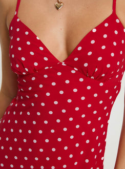 back view of model wearing Princess Polly Chara Mini Dress Red V-Neck 