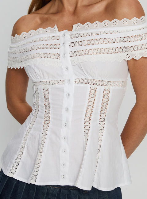 Stately Off Shoulder Lace Trim Top White