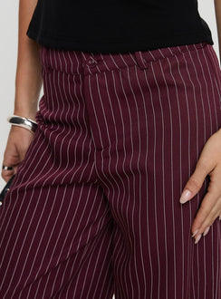 back view of model wearing Princess Polly Lorenne Mid Rise Pant Burgundy Pinstripe High Waisted Pants 