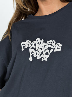 Front view of model wearing  front Princess Polly Full Sleeves Crew Neck  Princess Polly Oversized Tee Squiggle Text Charcoal