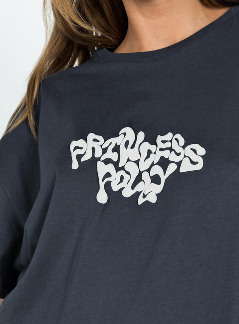Front view of model wearing  front Princess Polly Full Sleeves Crew Neck  Princess Polly Oversized Tee Squiggle Text Charcoal