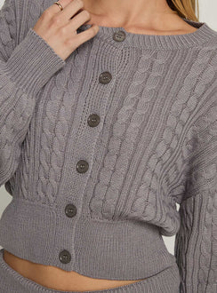back view of model wearing Princess Polly Baleigh Cable Knit Cardigan Grey 