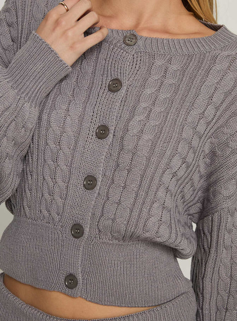 back view of model wearing Princess Polly Baleigh Cable Knit Cardigan Grey 