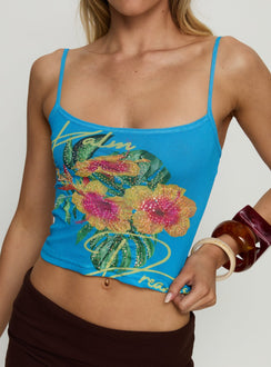 Palm Dreams Beaded Graphic Tank Top Blue