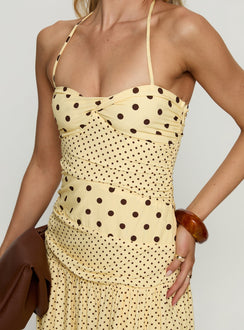 Marguerite Halter Maxi Dress Lemon / Brown Polka Dot