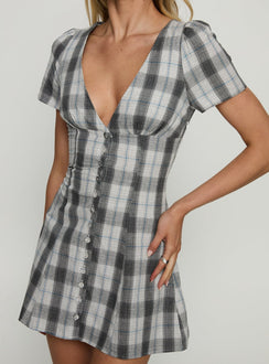 Twist Of Fate V Neck Mini Dress Navy Plaid