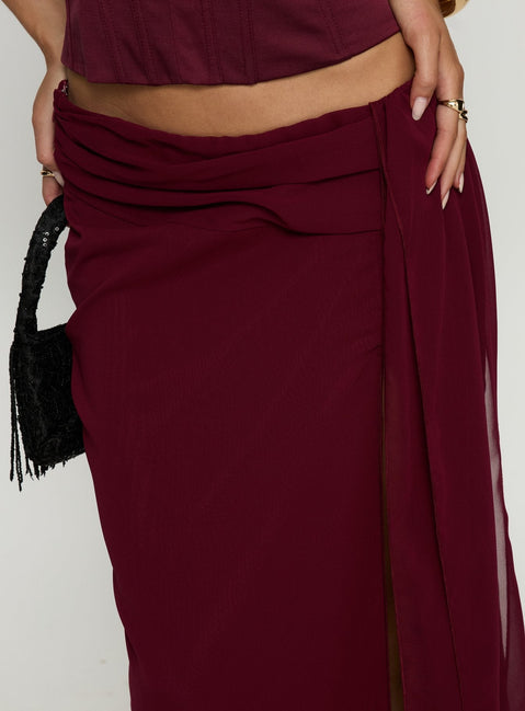 back view of model wearing Princess Polly Hollian Draped Maxi Skirt Wine Maxi Skirts 