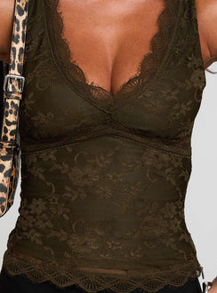 back view of model wearing Princess Polly Far Away Top Dark Green Sleeveless Plunger 