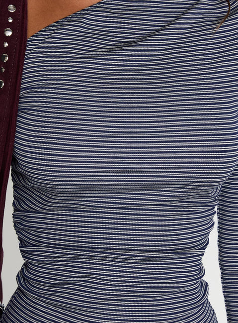 product Princess Polly Beller Long Sleeve Top Navy Stripe Full Sleeves Asymmetric Neckline 