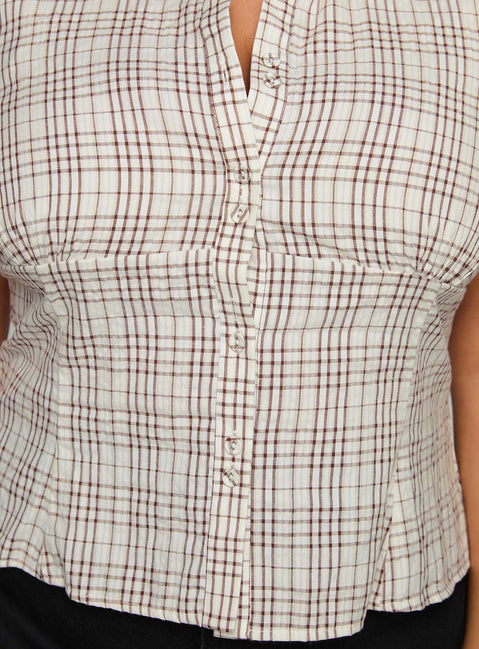 back view of model wearing Princess Polly Cottesloe Blouse Top Brown Check Curve Short Sleeves V-Neck 