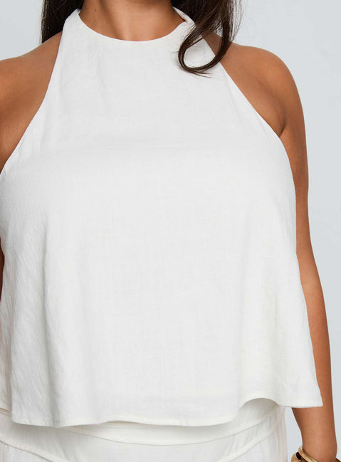 back view of model wearing Princess Polly Aquaria Halter Linen Blend Top White Curve Sleeveless Crew Neck 