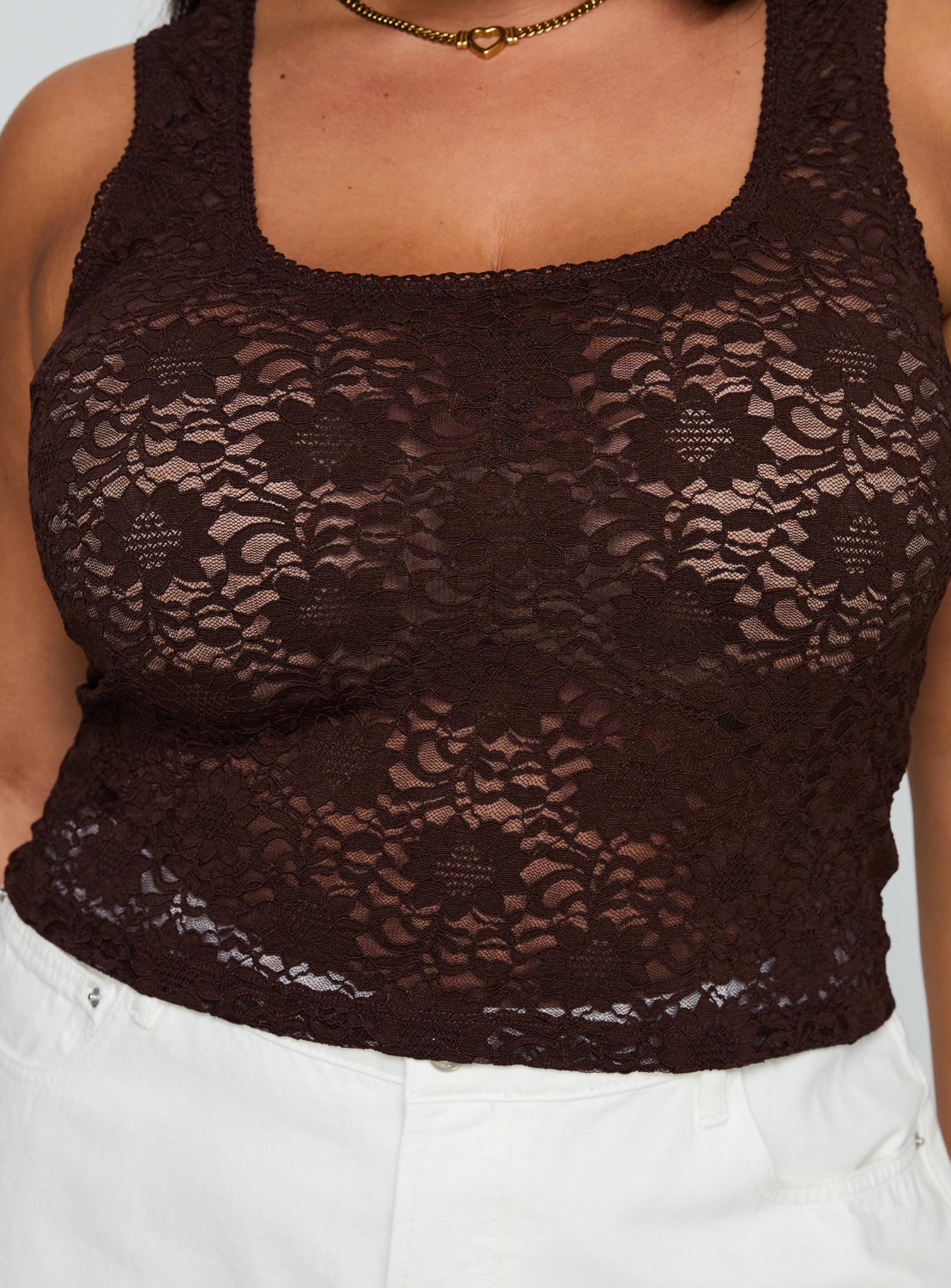 product Princess Polly Bennington Lace Top Brown Curve Sleeveless Square Neck 